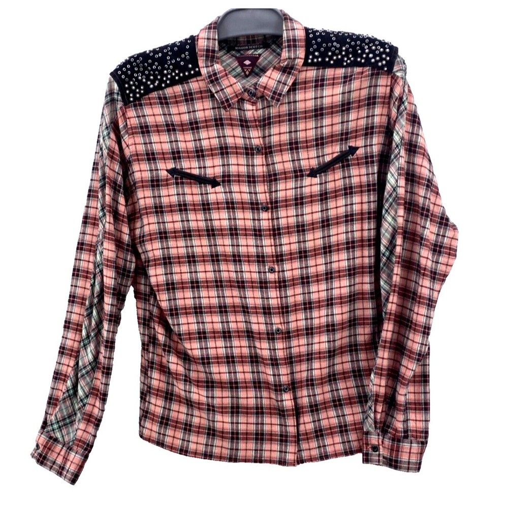 Maison Scotch Western Shirt Womens 3 Mixed Plaid Smiley Pockets Studded US 8